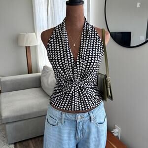 2000s Chaus New York Polka Dot Twist Front Sleeveless Halter Top Y2K Size Medium